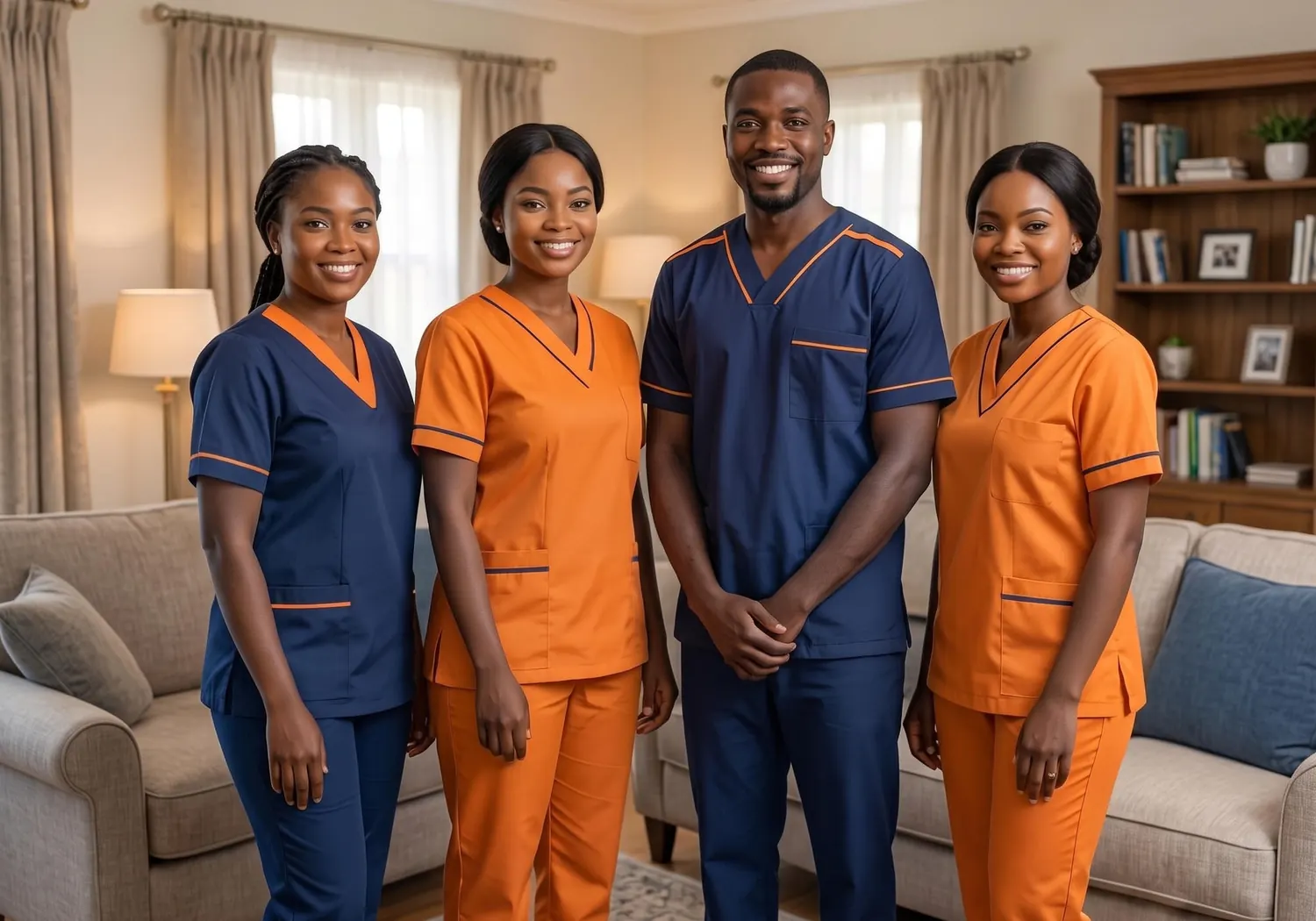 The Lusso Althea Care professional care team in navy and orange uniforms, pictured together in a family home