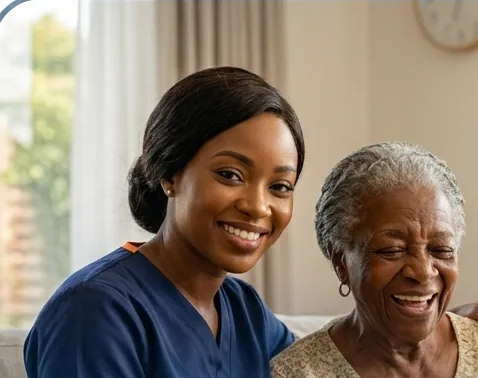 A LUSSO ALTHEA CARE nurse connecting warmly with an elderly client