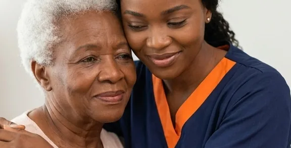 A LUSSO ALTHEA CARE nurse warmly embracing an elderly client