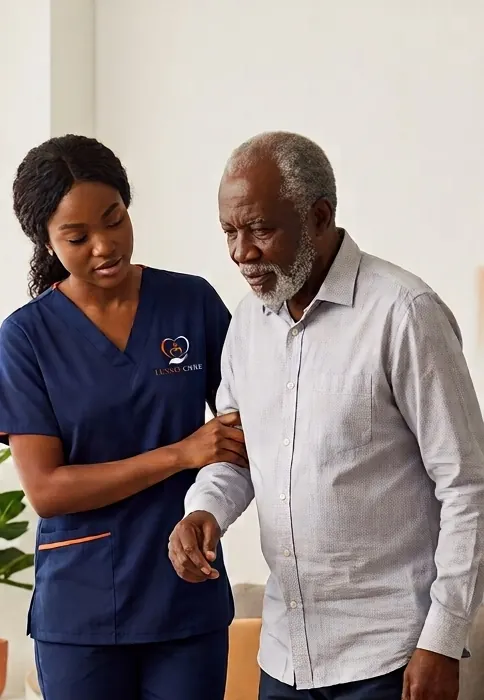 A LUSSO ALTHEA CARE caregiver in navy scrubs helping an elderly man walk outdoors